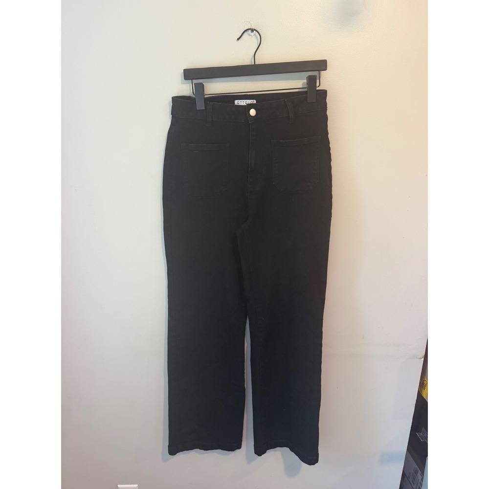 ETTELO Black High Waisted Wide Leg Patch Pocket Jeans Women Size 12 Utility